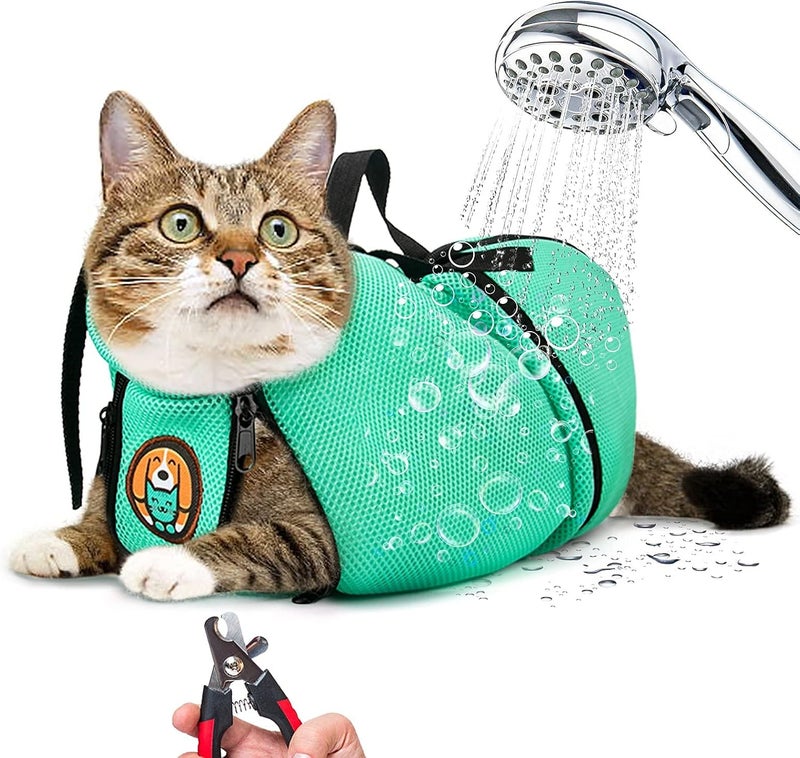 AWOOF Cat Grooming Bag Adjustable Cat Bathing Bag Anti Scratch Bite Polyester Soft Durable Mesh Cat Shower Bag for Small Medium Large Cats - Image 1